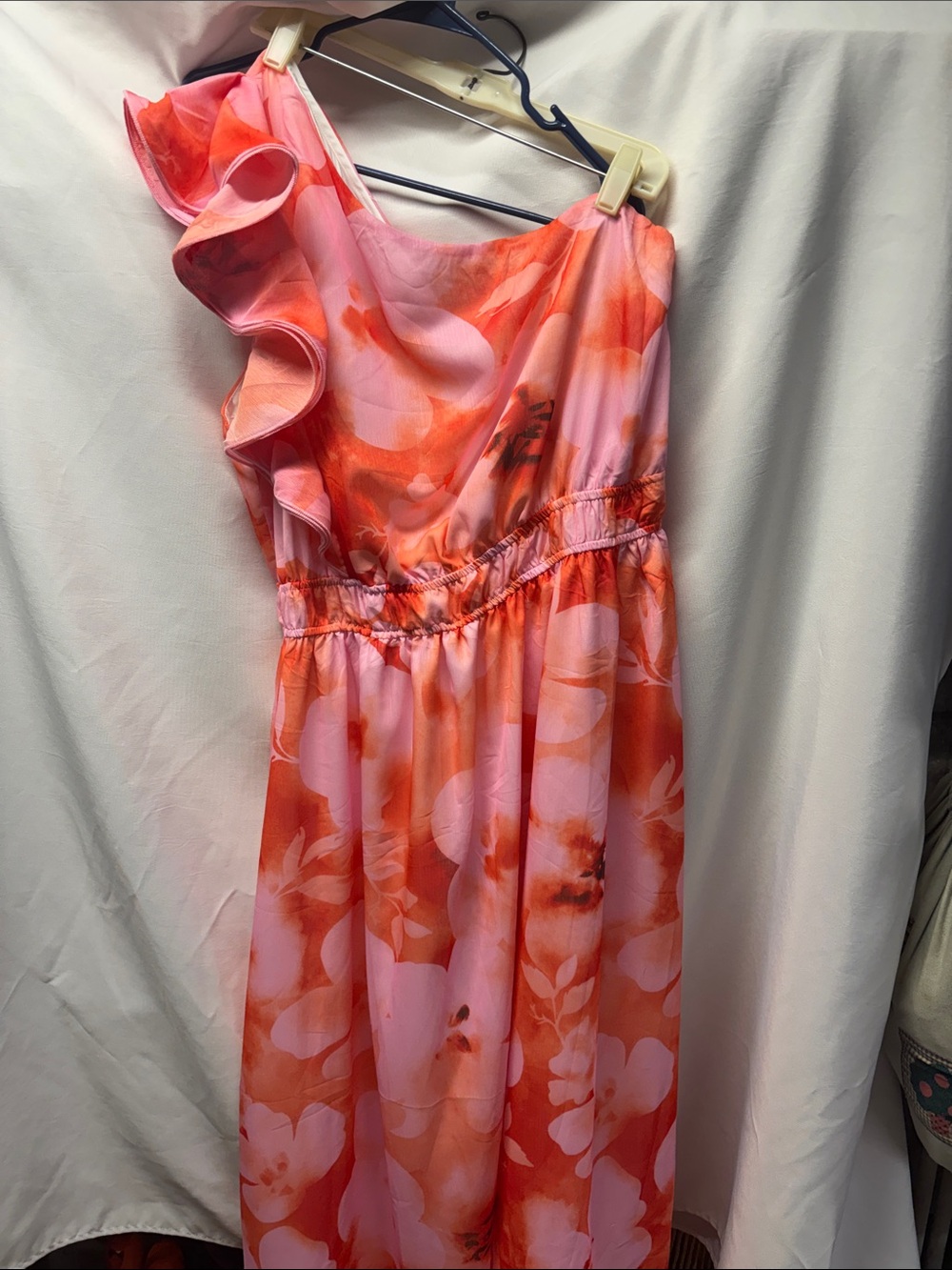 Zesica Floral One-Shoulder Ruffle Dress in Coral Pink-NWT